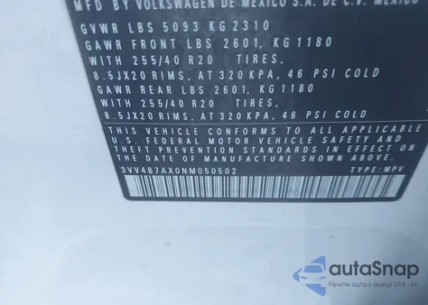 2022 Volkswagen Tiguan 2.0T Sel R-Line из США, поврежденный, VIN 3VV4B7AX0NM050502